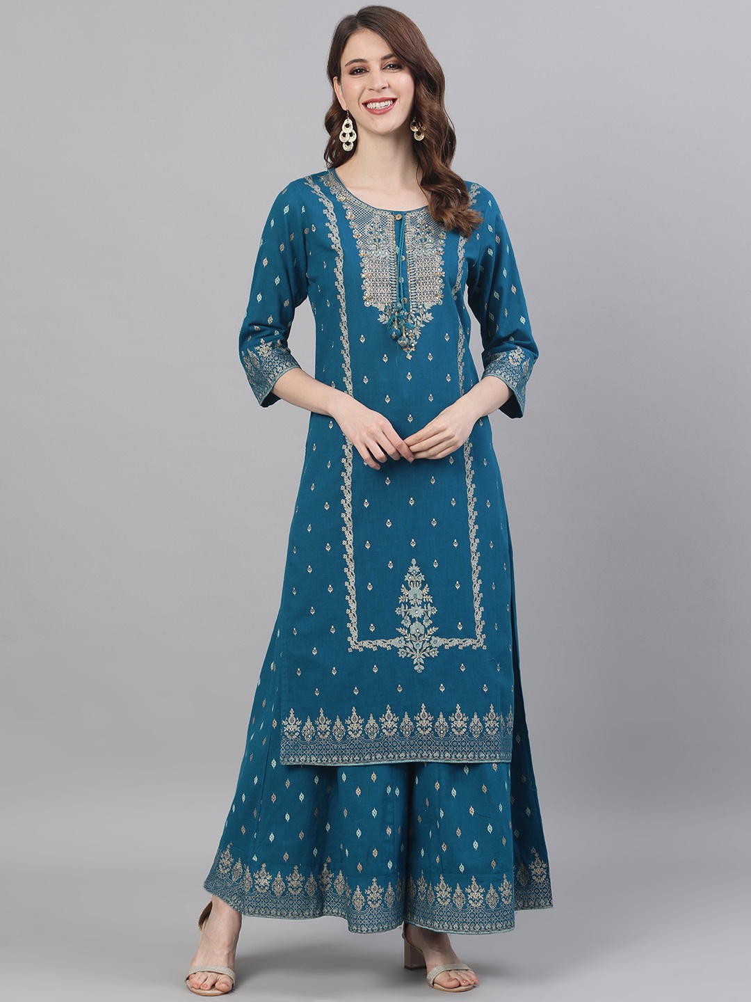 

Ishin Women Teal Embroidered Kurta with Sharara