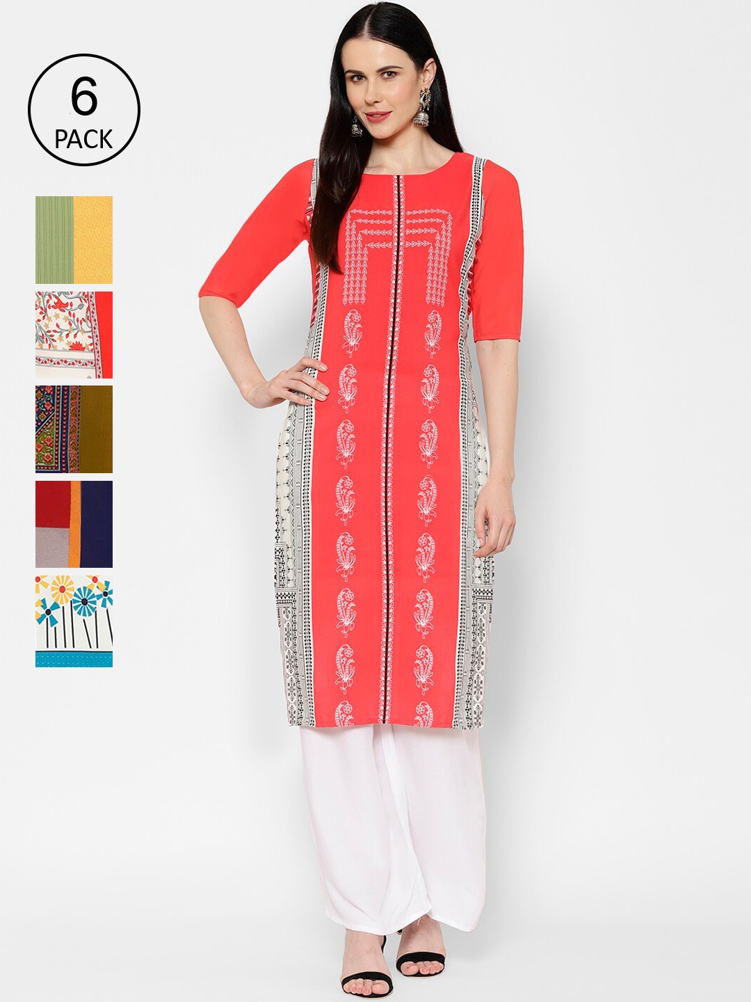 

7Threads Women Pack Of 6 Multicoloured Printed Crepe Kurta, Multi