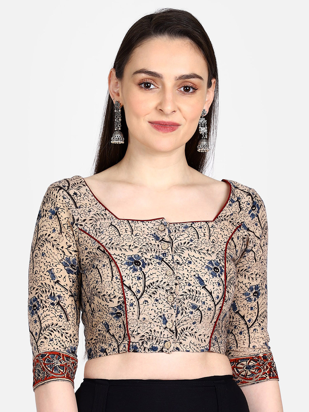 

THE WEAVE TRAVELLER Women Beige & Grey Kalamkari Block Printed Non-Padded Readymade Sustainable Saree Blouse