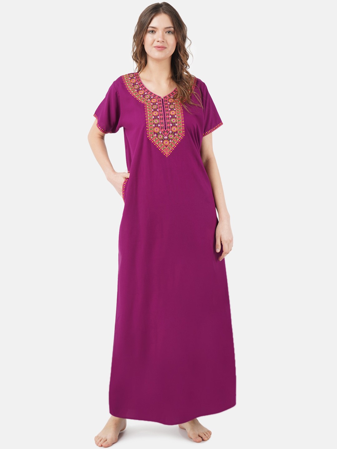 

KOI SLEEPWEAR Purple & Yellow Embroidered Lissybissy Cotton Maxi Nightdress