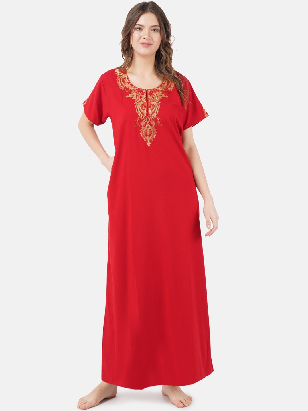 

KOI SLEEPWEAR Red Embroidered Lissybissy Cotton Maxi Nightdress