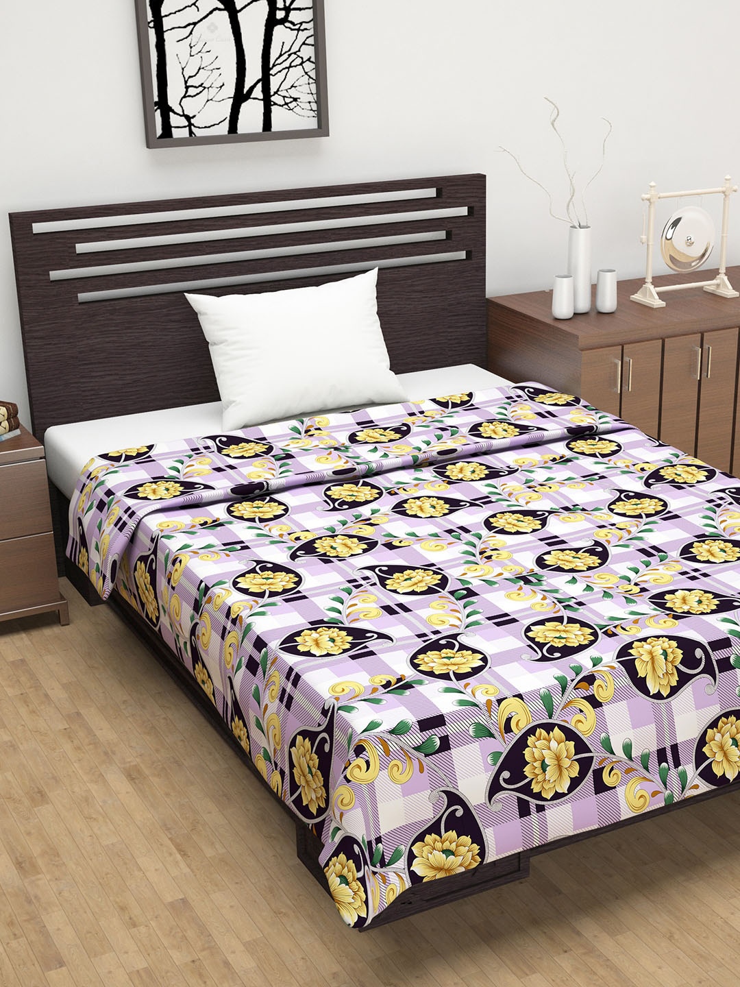 Divine Casa Yellow & Navy Blue Floral AC Room 150 GSM Single Bed Dohar