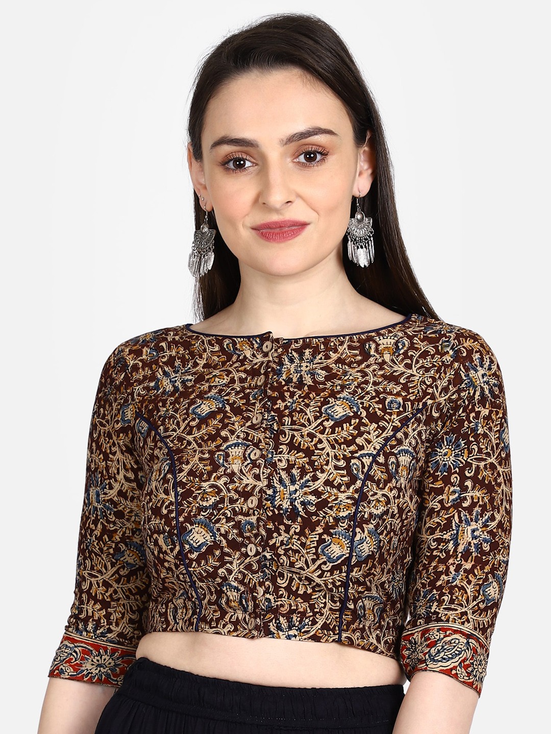 

THE WEAVE TRAVELLER Women Brown & Beige Kalamkari Hand Block Printed Padded Sustainable Saree Blouse