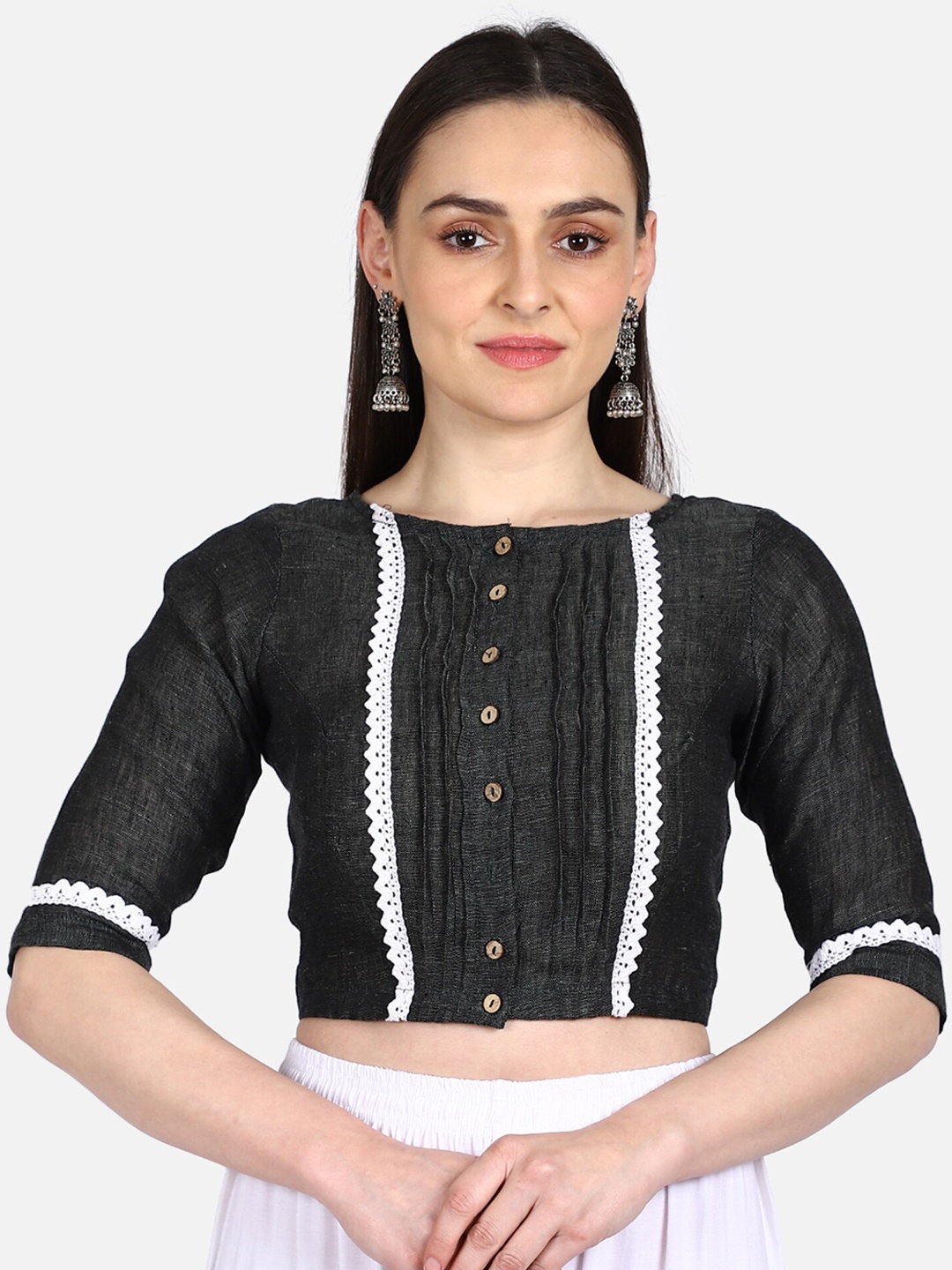 

THE WEAVE TRAVELLER Women Charcoal Grey Solid Linen Saree Blouse
