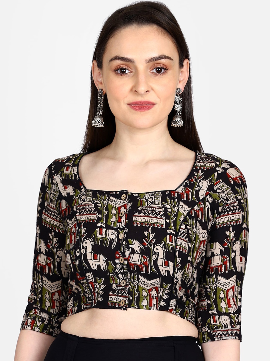 

THE WEAVE TRAVELLER Women Black & Beige Kalamkari Hand Block Printed Saree Blouse
