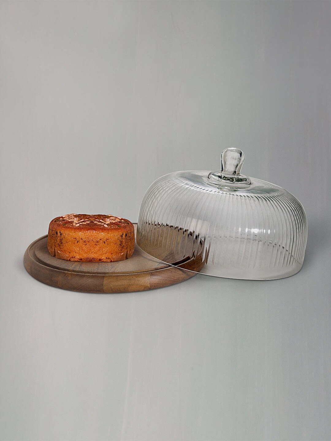 

ellementry Transparent & Brown Fluted Glass Cloche With Wooden Base