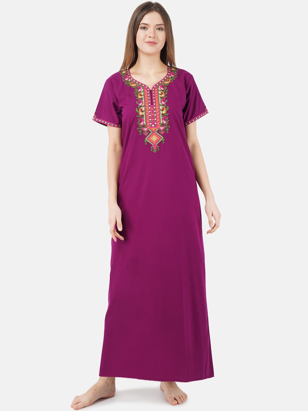 

KOI SLEEPWEAR Purple & Pink Embroidered Lissybissy Cotton Maxi Nightdress