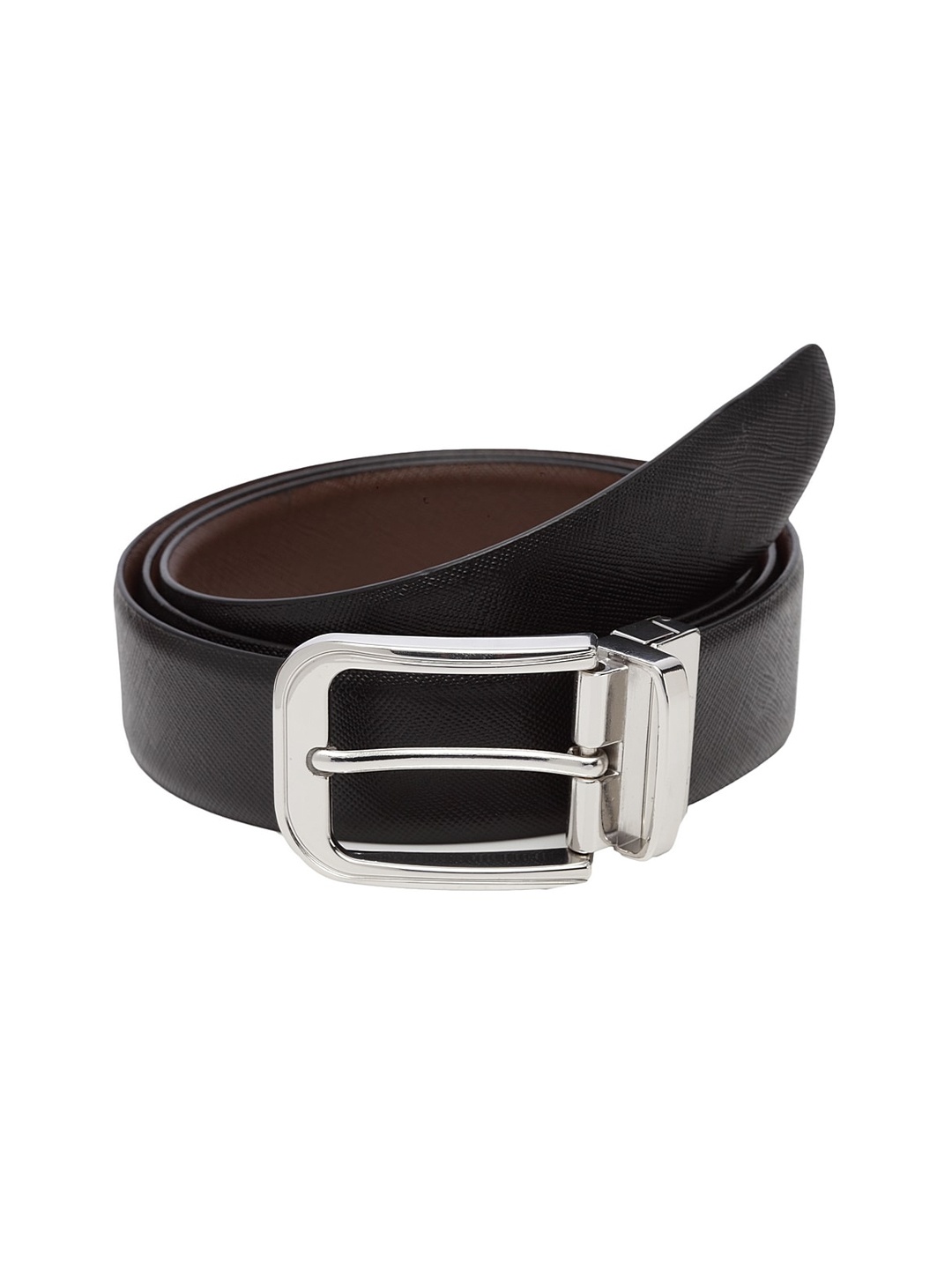 

WELBAWT Men Black & Brown Textured Leather Slim Reversible Belt