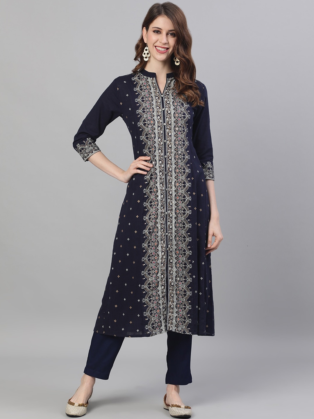 

Ishin Women Navy Blue Ethnic Motifs Printed A-Line Kurta