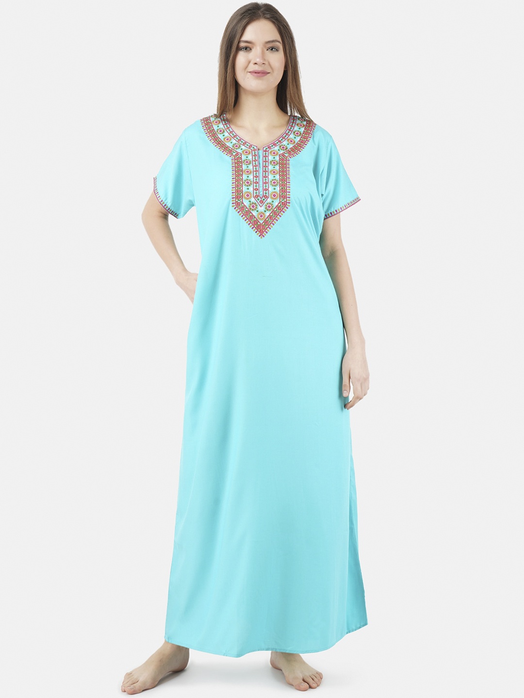 

KOI SLEEPWEAR Woman Turquoise Blue Embroidered Cotton Maxi Nightdress