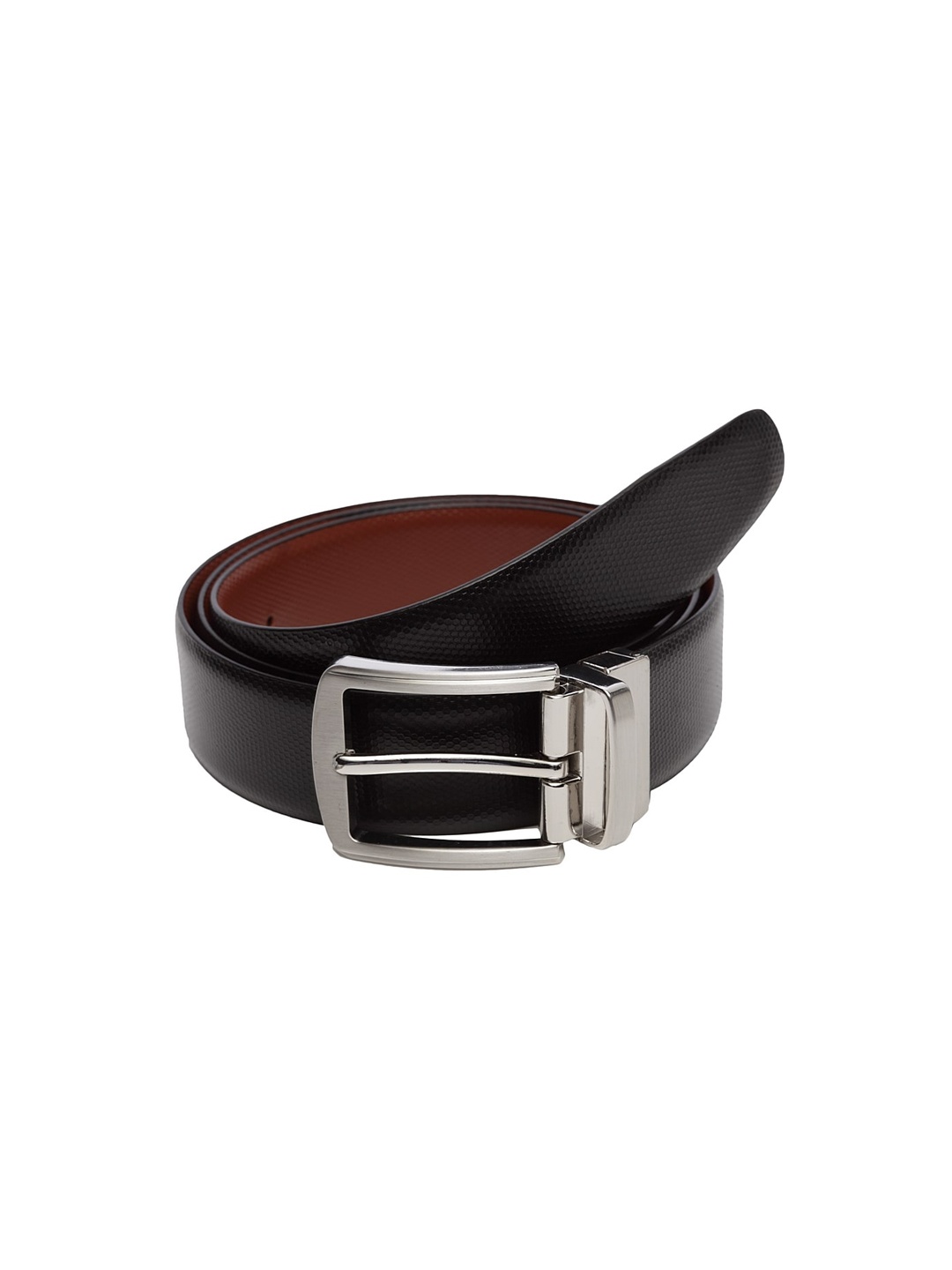 

WELBAWT Men Black & Brown Textured Leather Slim Reversible Belt