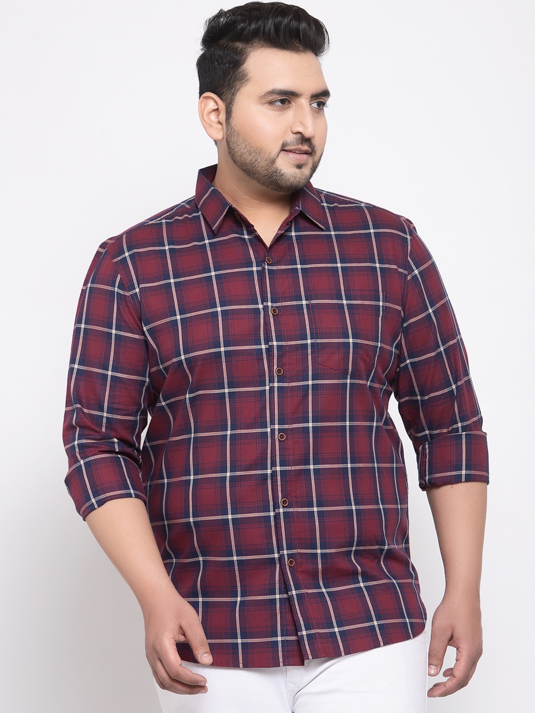 

plusS Men Pink & Navy Blue Regular Fit Checked Casual Shirt
