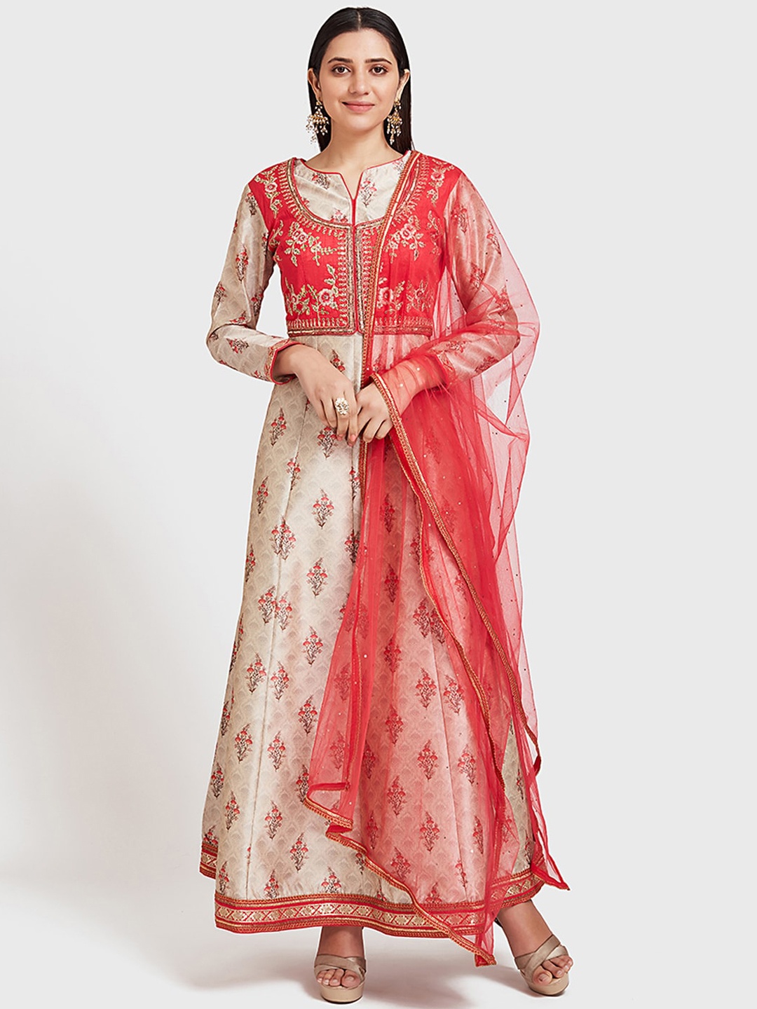 

Neerus Women Cream-Coloured & Red Embroidered Kurta with Churidar & Dupatta