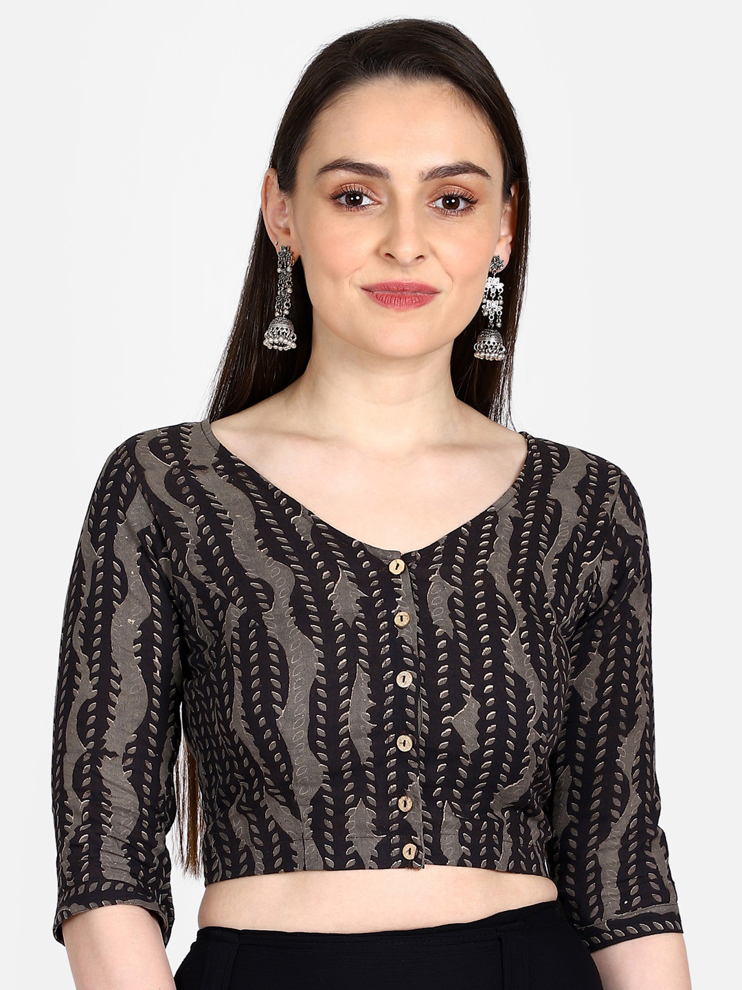 

THE WEAVE TRAVELLER Women Black & Grey Kalamkari Hand Block Printed Sustainable Saree Blouse