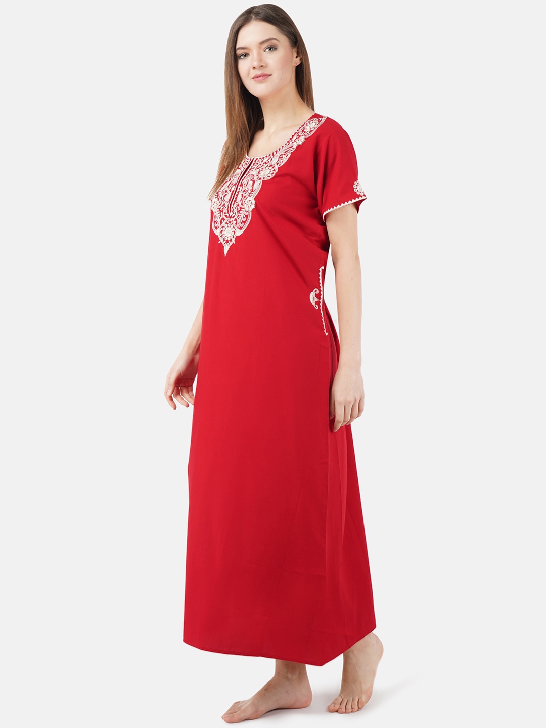 

KOI SLEEPWEAR Red & White Embroidered Cotton Nightdress