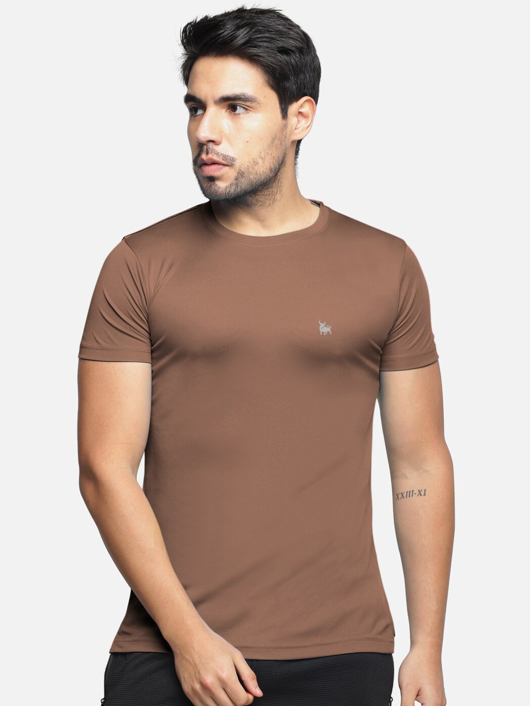 

BULLMER Men Brown Solid Round Neck Dri-Fit Sports T-shirt