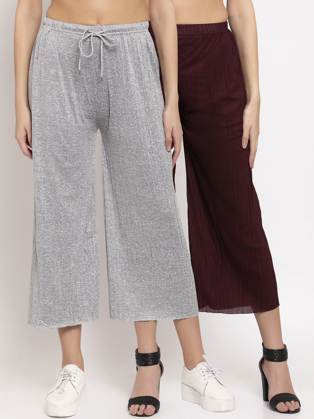 

KLOTTHE Women Pack Of 2 Wide Leg Palazzos, Grey melange