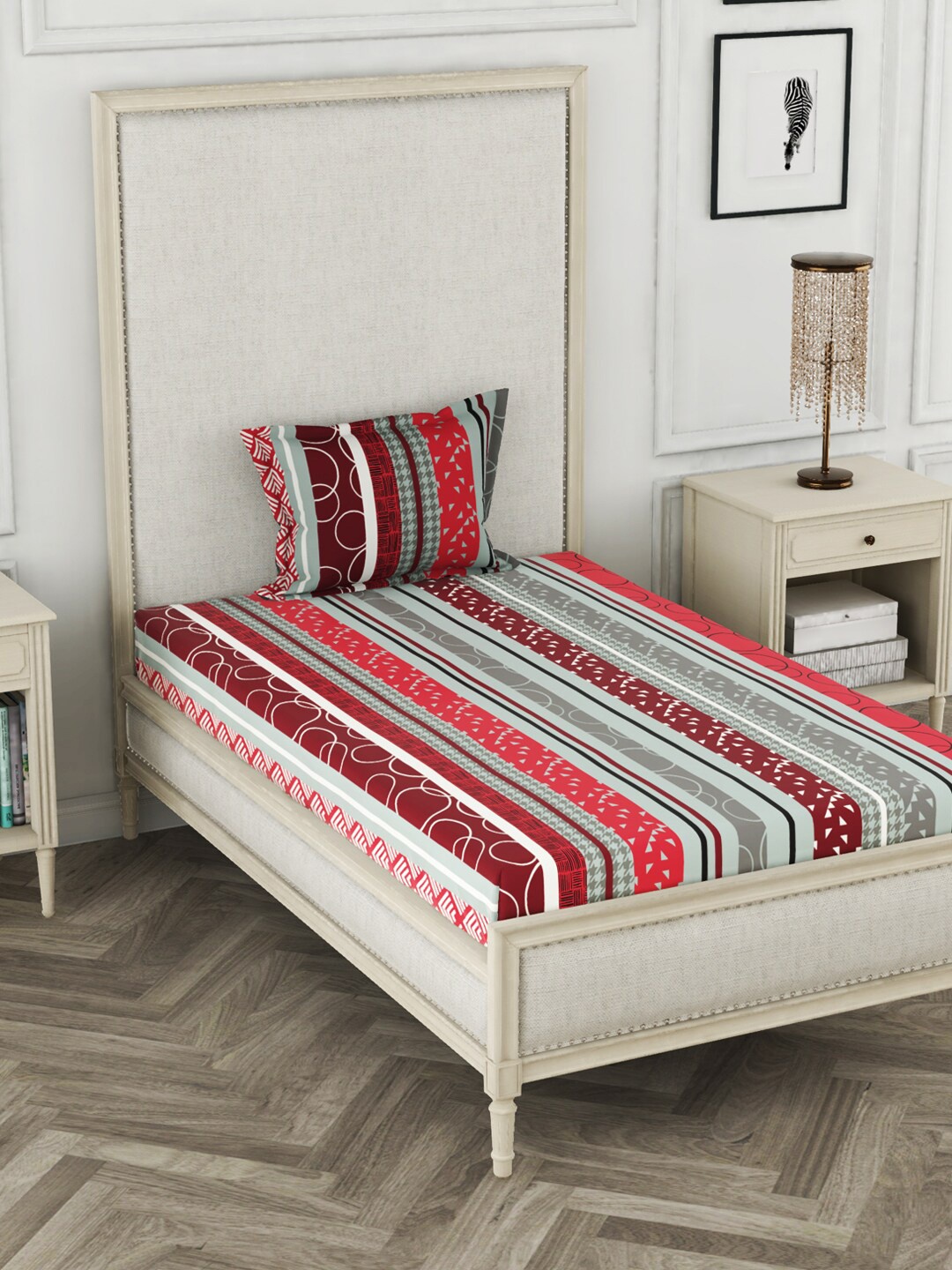 

BIANCA Grey & Maroon Striped 110 TC Cotton 1 Single Bedsheet with 1 Pillow Cover