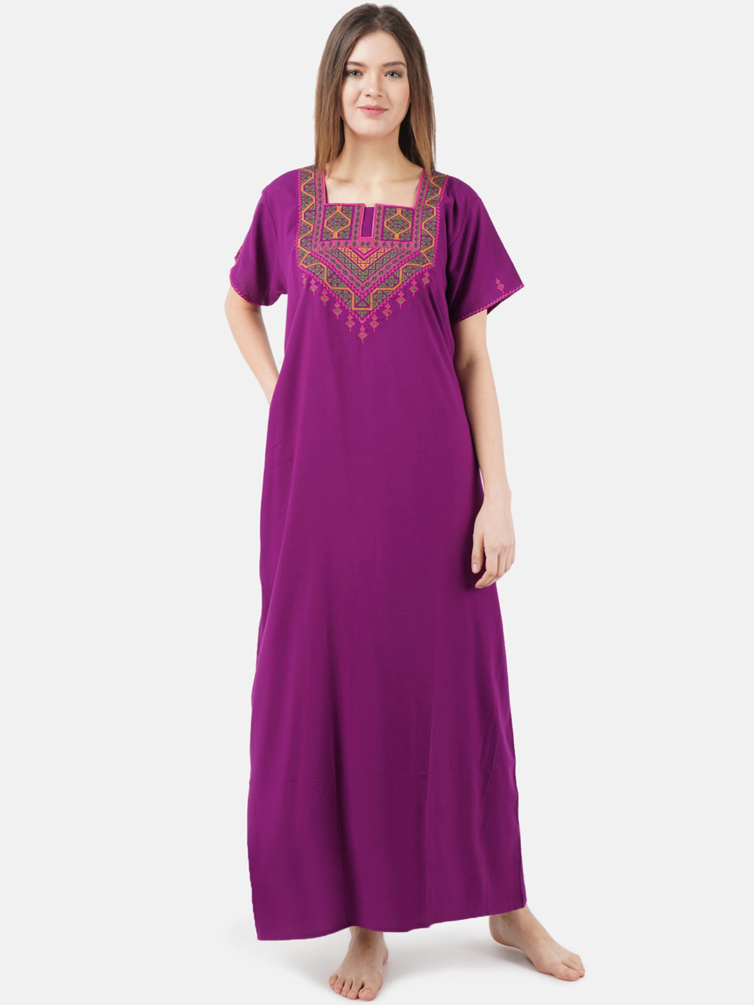 

KOI SLEEPWEAR Purple & Green Embroidered Lissybissy Cotton Maxi Nightdress