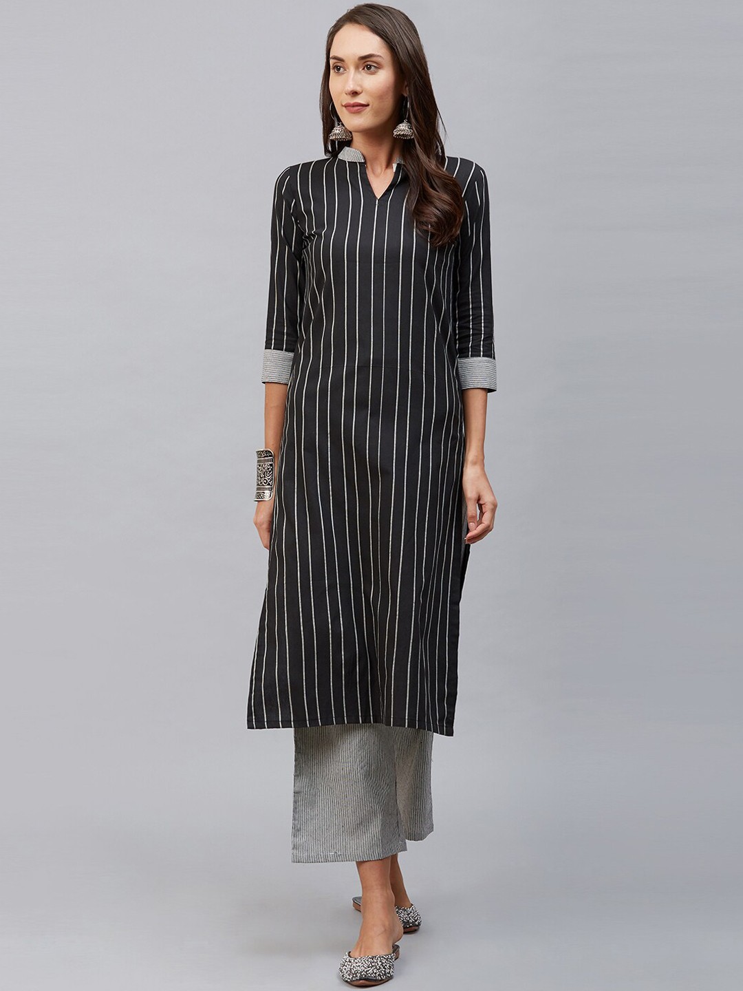 

SANISA Women Black & White Striped Kurta with Palazzos