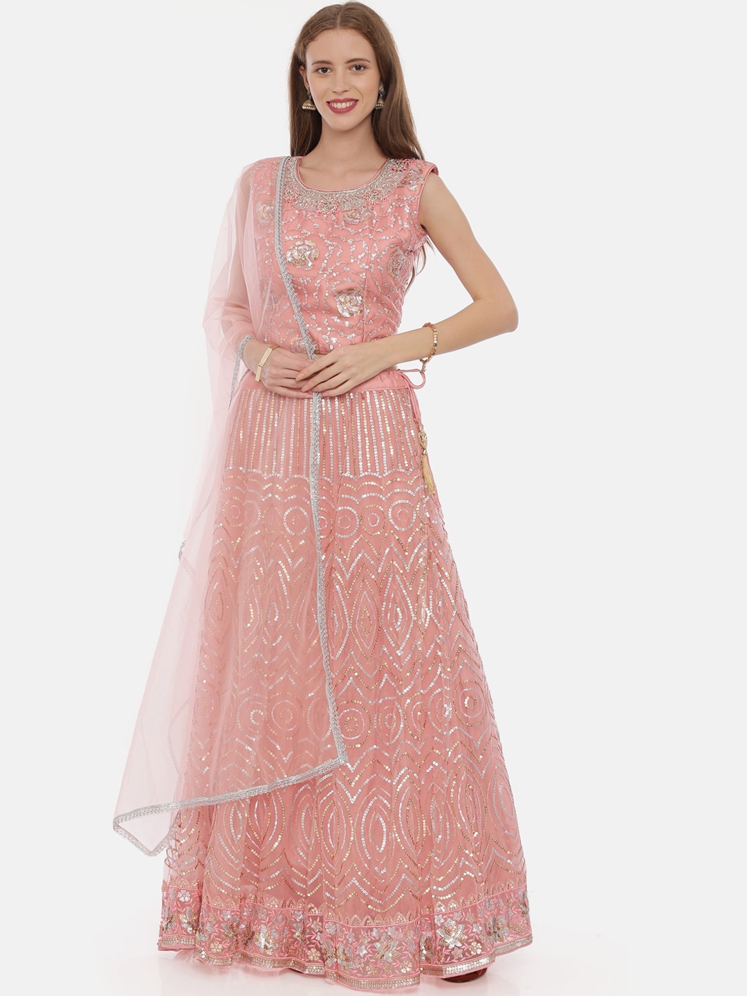 

Neerus Pink & Silver-Toned Embellished Ready to Wear Lehenga & Blouse with Dupatta