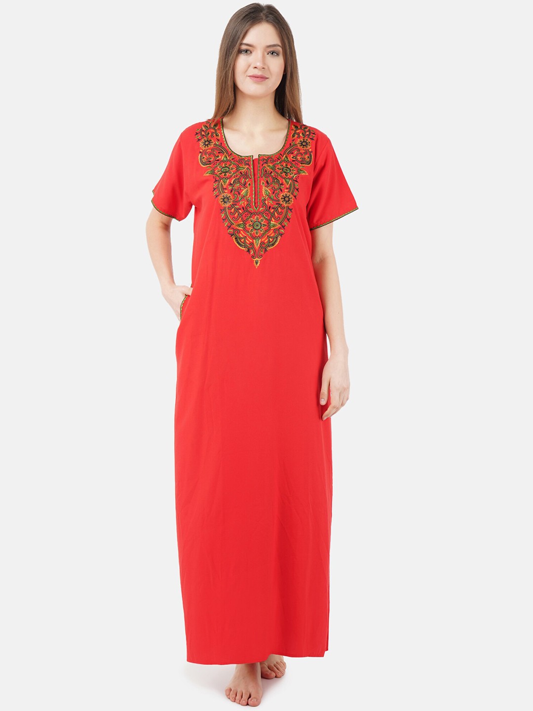 

KOI SLEEPWEAR Red Embroidered Cotton Maxi Nightdress