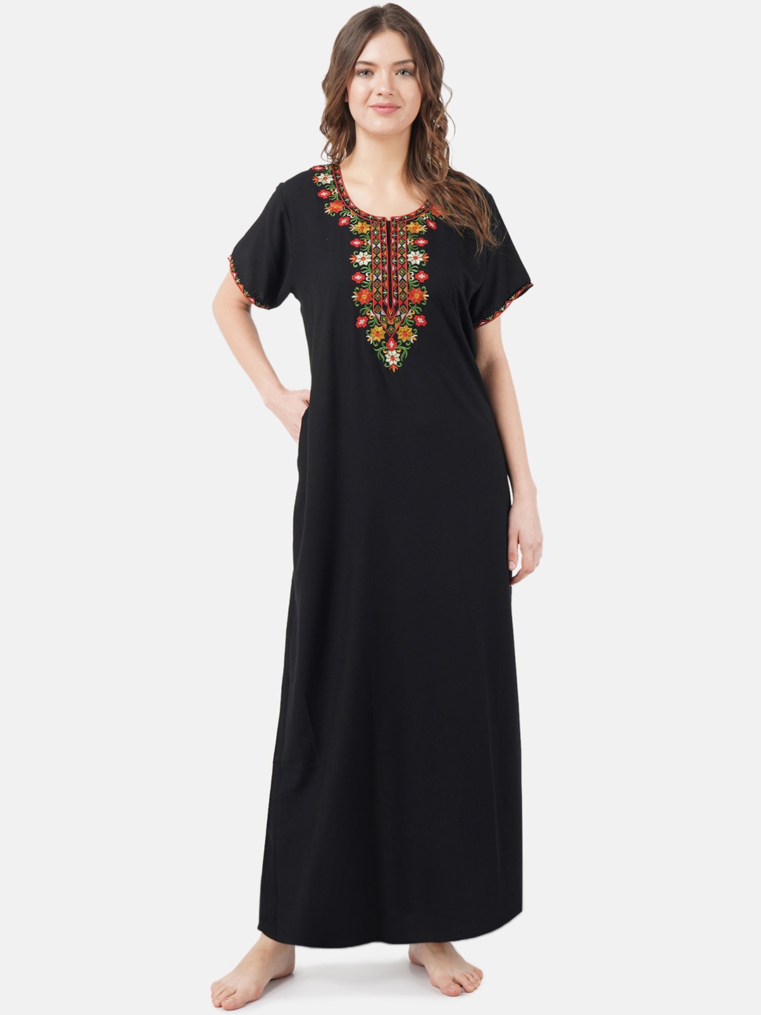 

KOI SLEEPWEAR Black & Red Embroidered Cotton Nightdress
