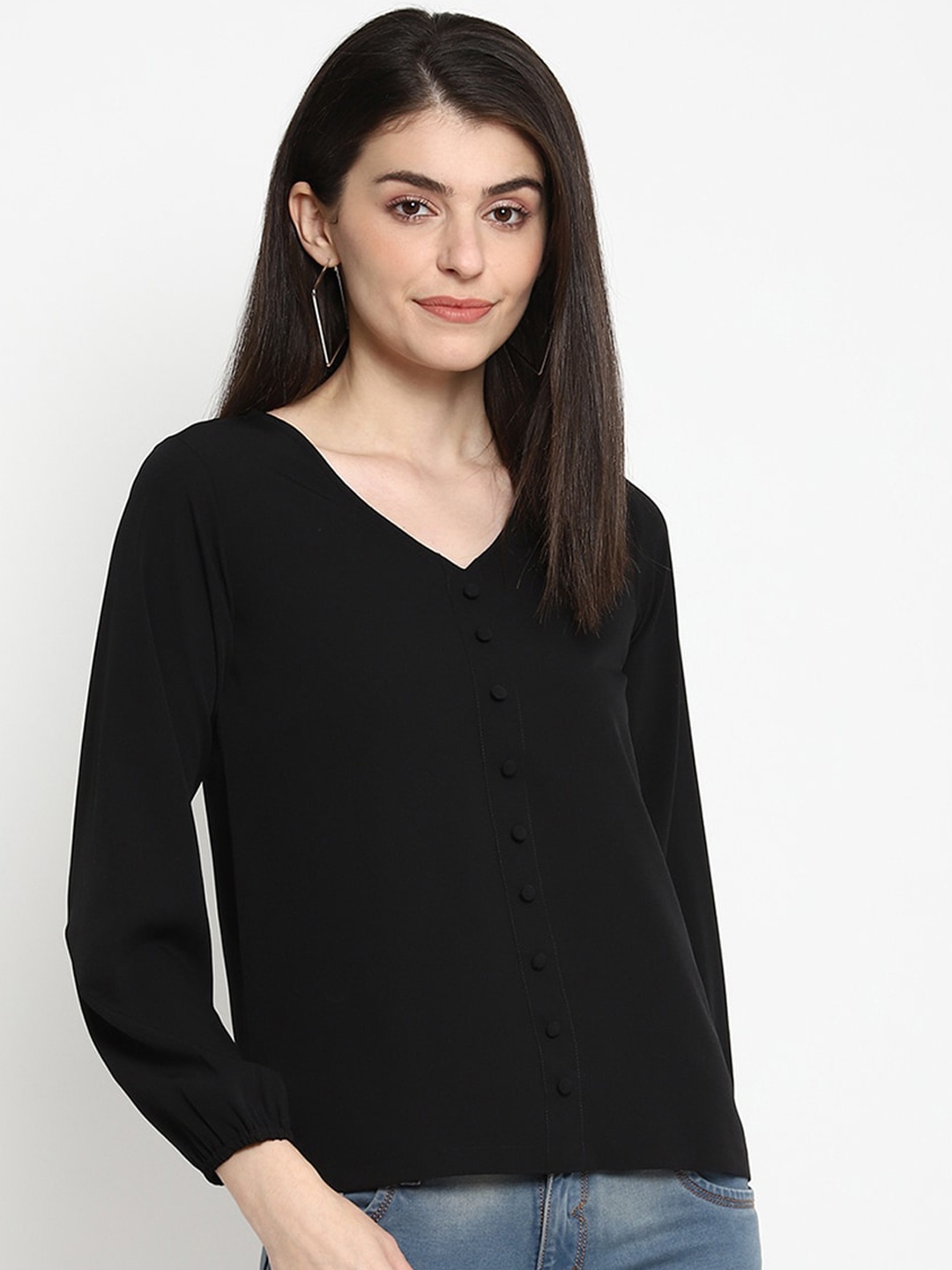 

THREAD MUSTER Black Crepe V-Neck Top