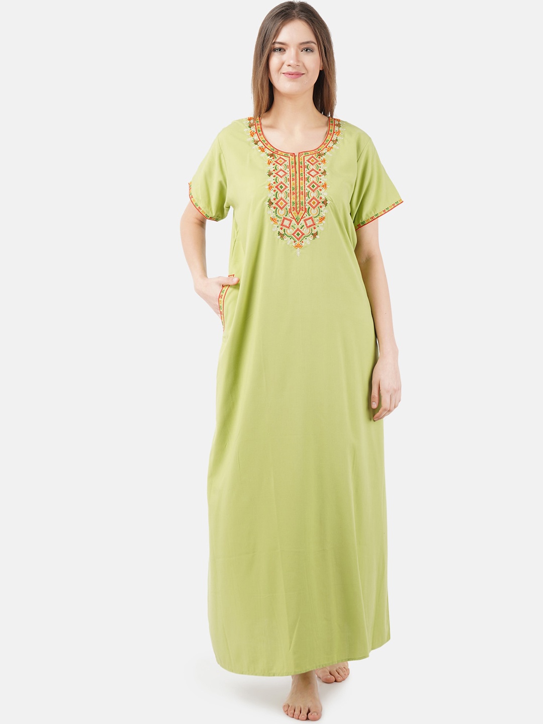 

KOI SLEEPWEAR Lime Green & Red Embroidered Cotton Nightdress