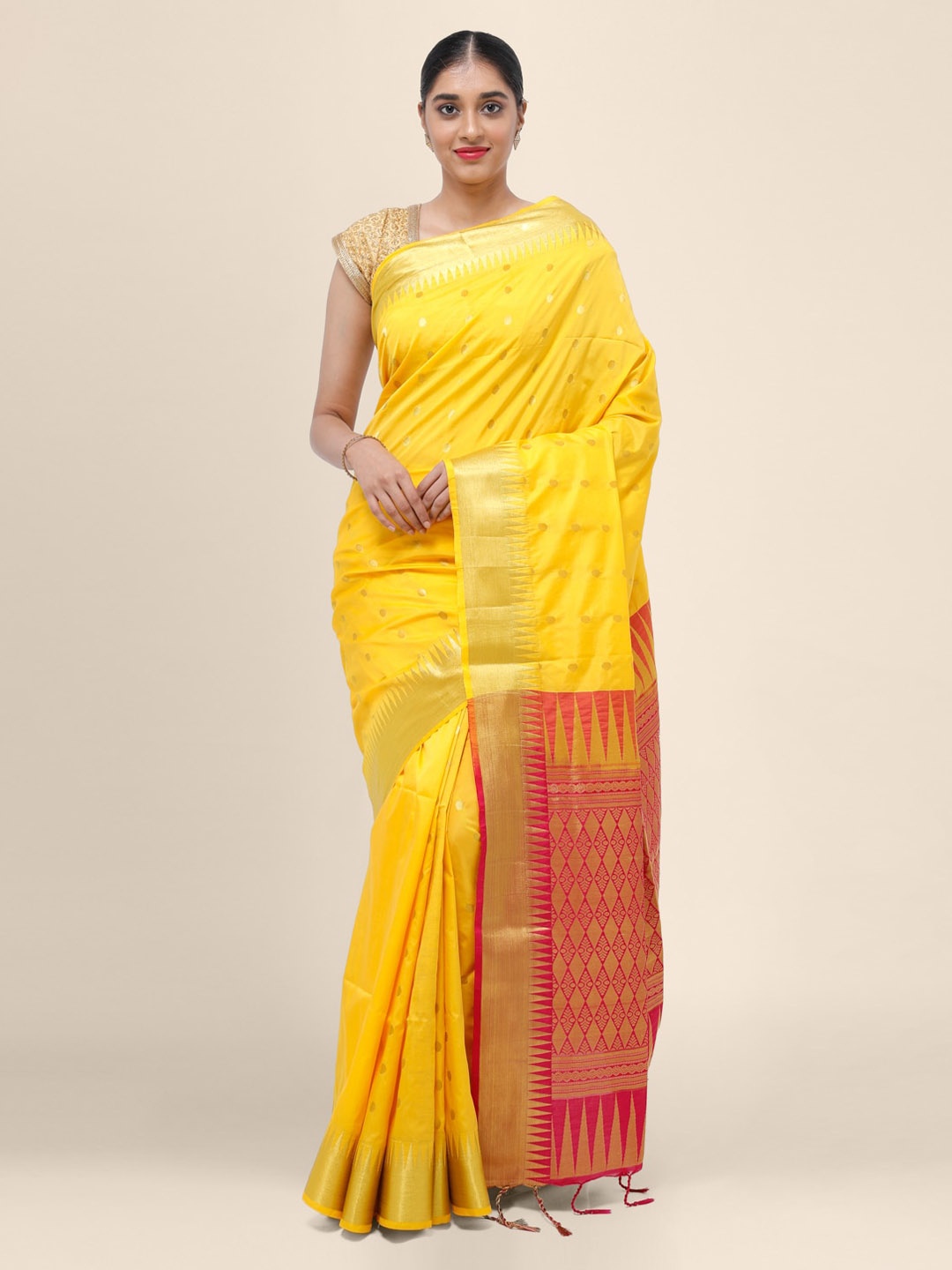 

Bangalore Silk Emporium Gold-Toned Woven Design Art Silk Handloom Saree