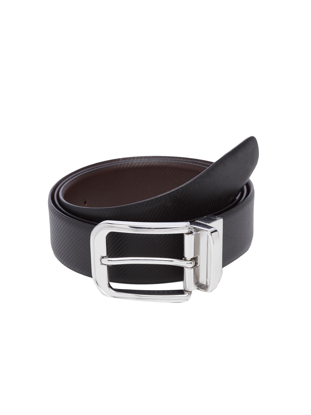 

WELBAWT Men Black & Brown Textured Leather Slim Reversible Belt