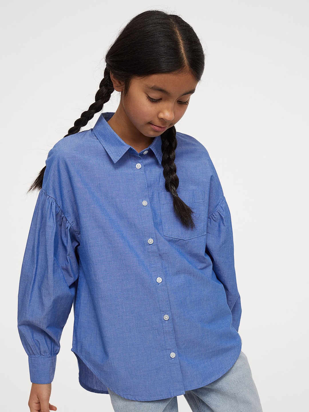 

H&M Girls Blue Solid Oversized Cotton Shirt