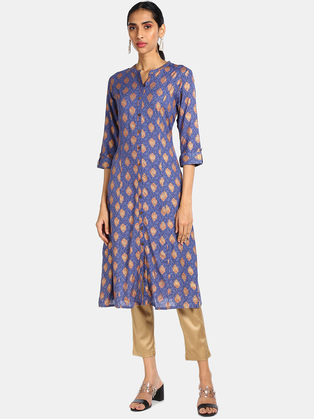 

Karigari Women Blue Ethnic Motifs Printed Flared Sleeves Kurta