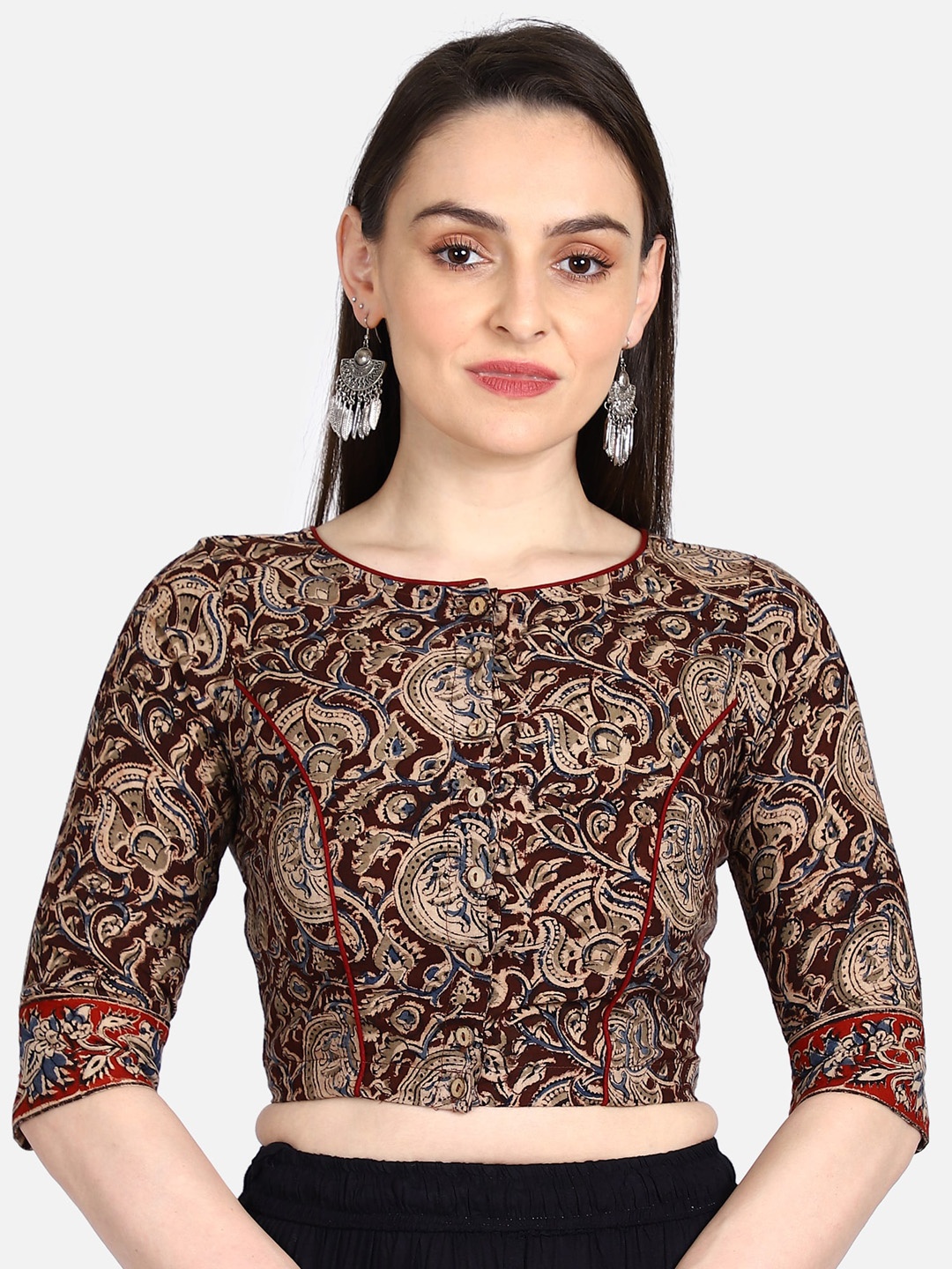 

THE WEAVE TRAVELLER Women Brown & Beige Kalamkari Block Printed Non-Padded Readymade Sustainable Saree Blouse