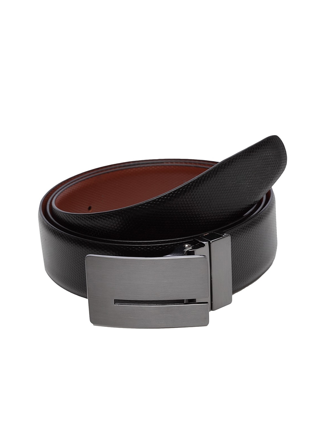 

WELBAWT Men Black & Brown Textured Leather Slim Reversible Belt
