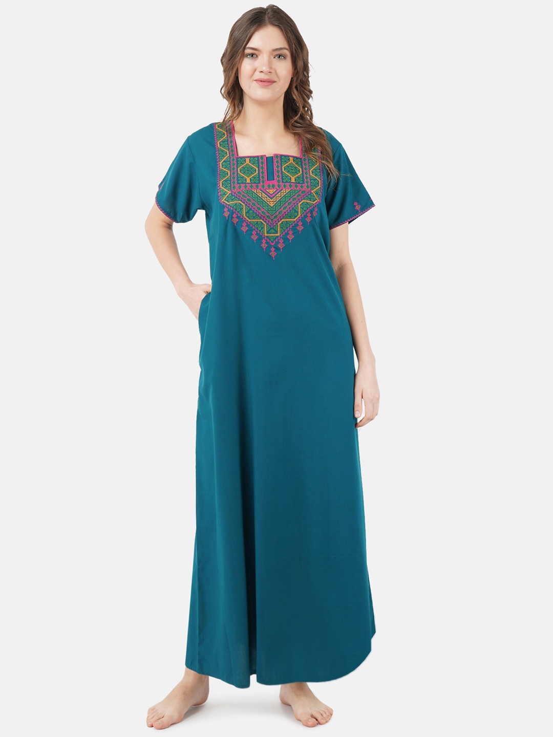 

KOI SLEEPWEAR Teal Blue & Green Embroidered Cotton Nightdress