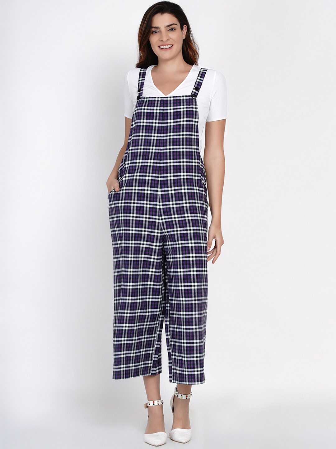 

FABNEST Women Purple & White Checked Dungarees