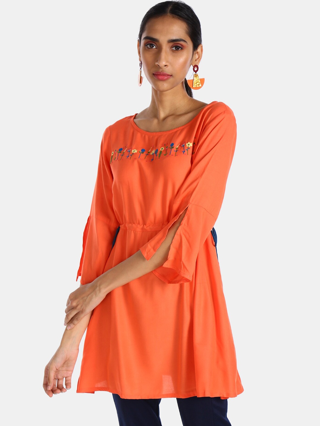

Karigari Women Orange Thread Work Flared Sleeve Kurta