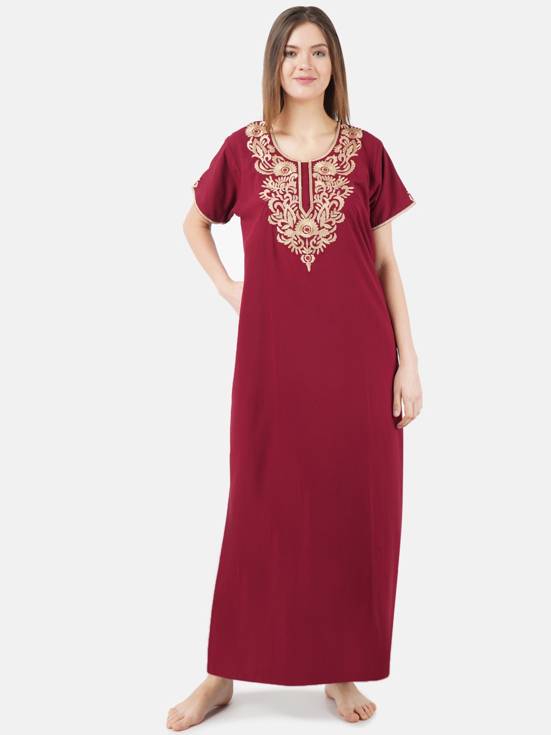 

KOI SLEEPWEAR Maroon & Beige Embroidered Lissybissy Cotton Maxi Nightdress