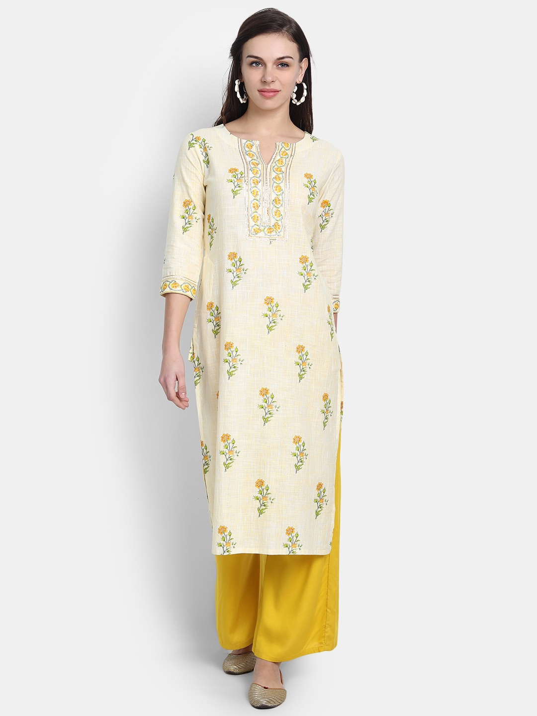

fabGLOBAL Women Yellow Floral Printed Handloom Kurta