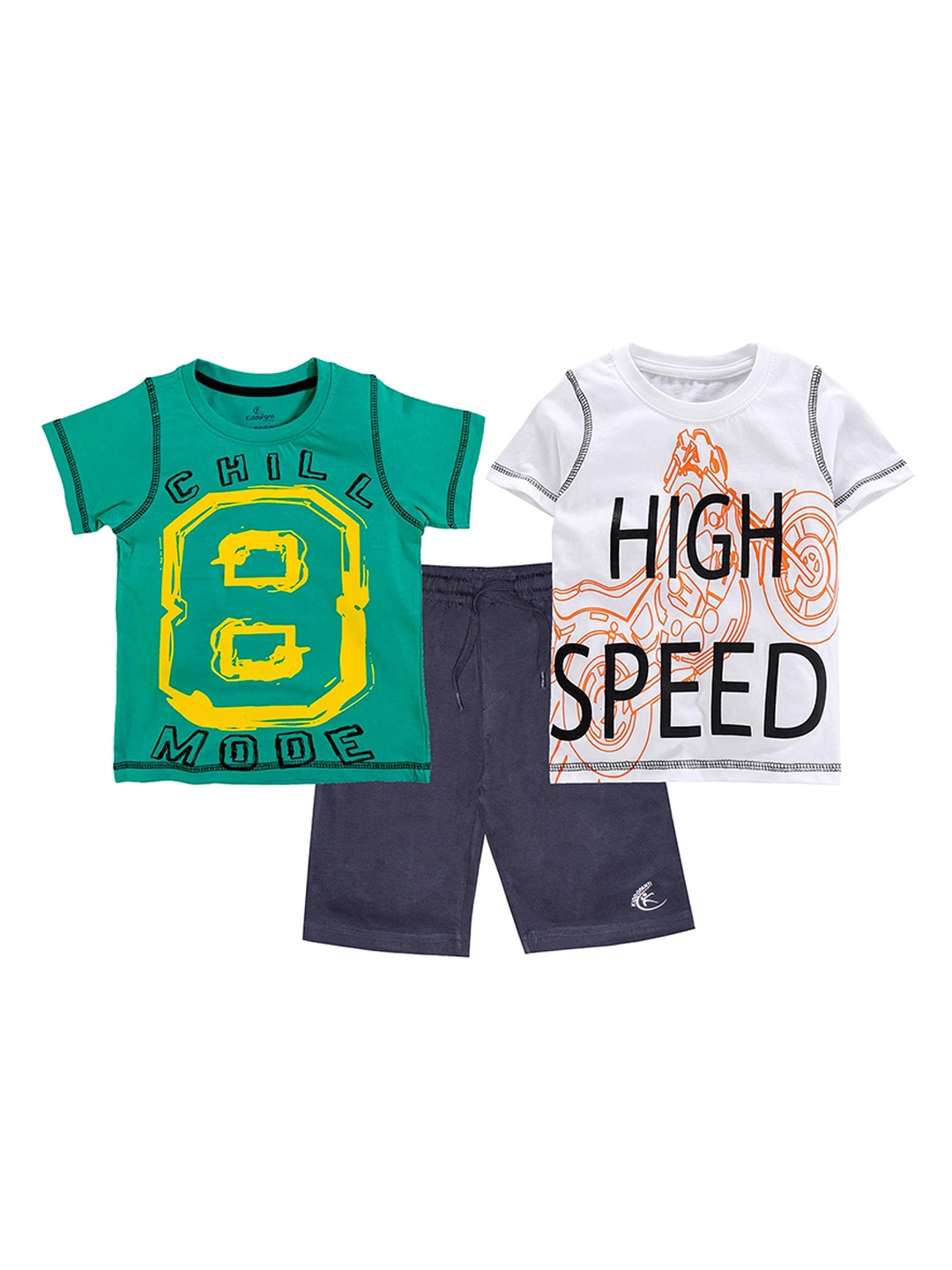

KiddoPanti Boys Green & White Pure Cotton 2 Printed T-shirt with Shorts