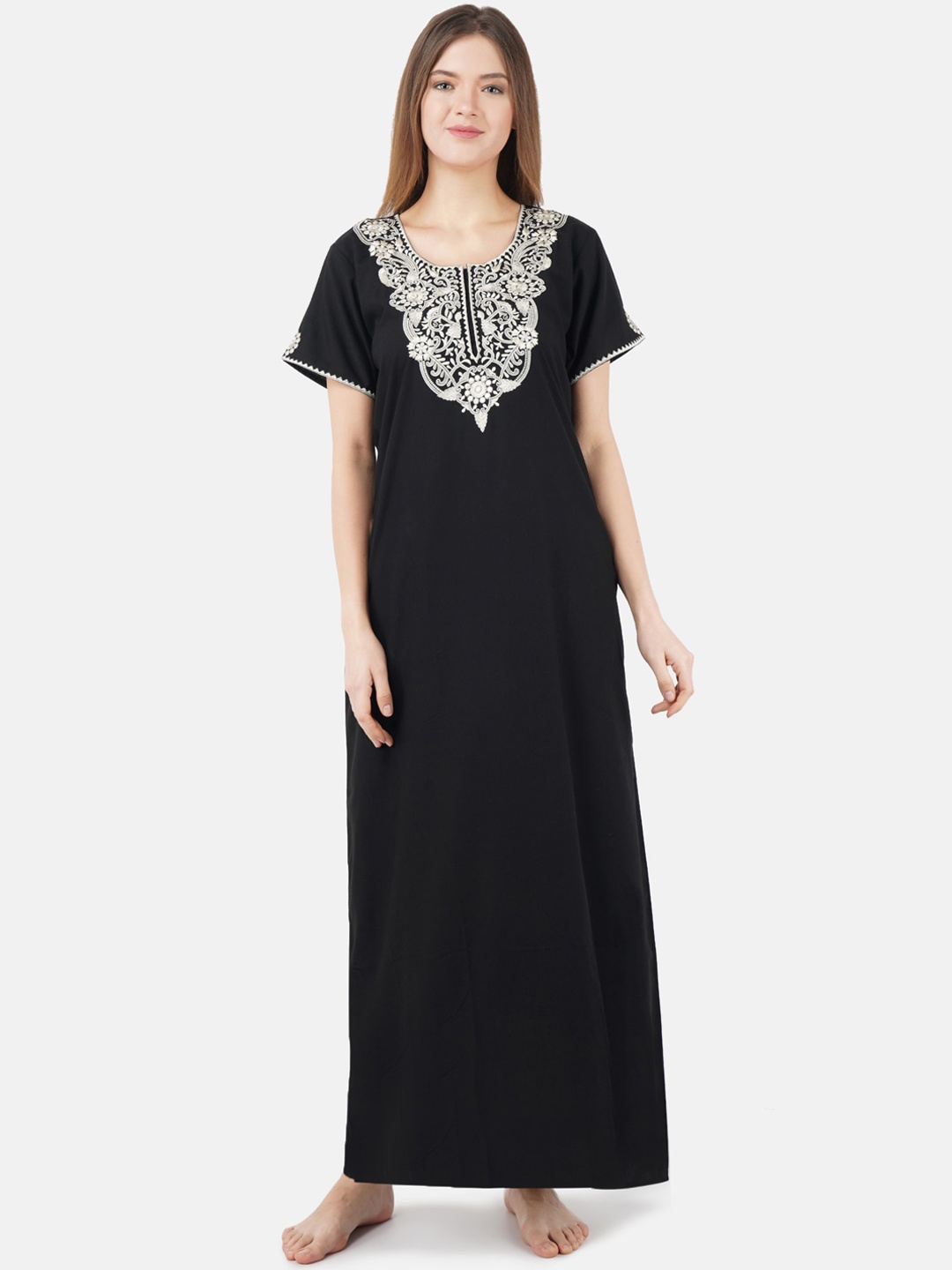 

KOI SLEEPWEAR Black Embroidered Lissybissy Cotton Maxi Nightdress