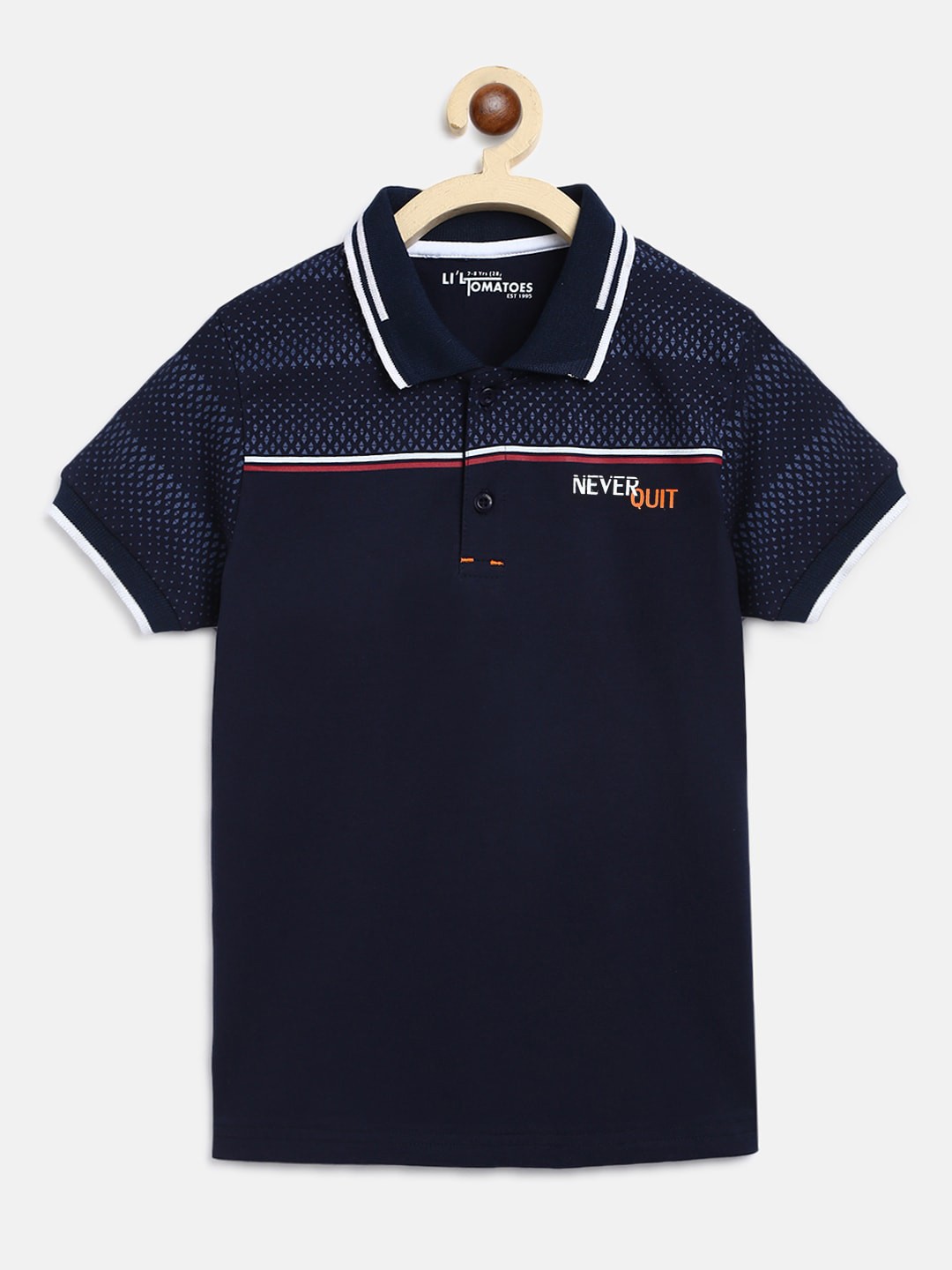 

Lil Tomatoes Boys Navy Blue Solid Polo Collar T-shirt With A Pen