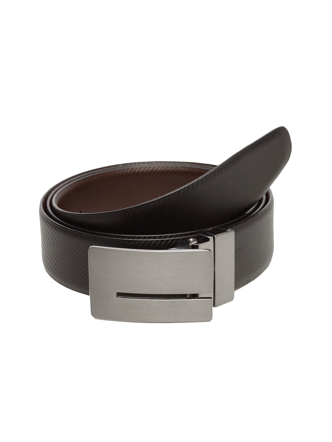 WELBAWT Men Black & Brown Textured Leather Slim Reversible Belt