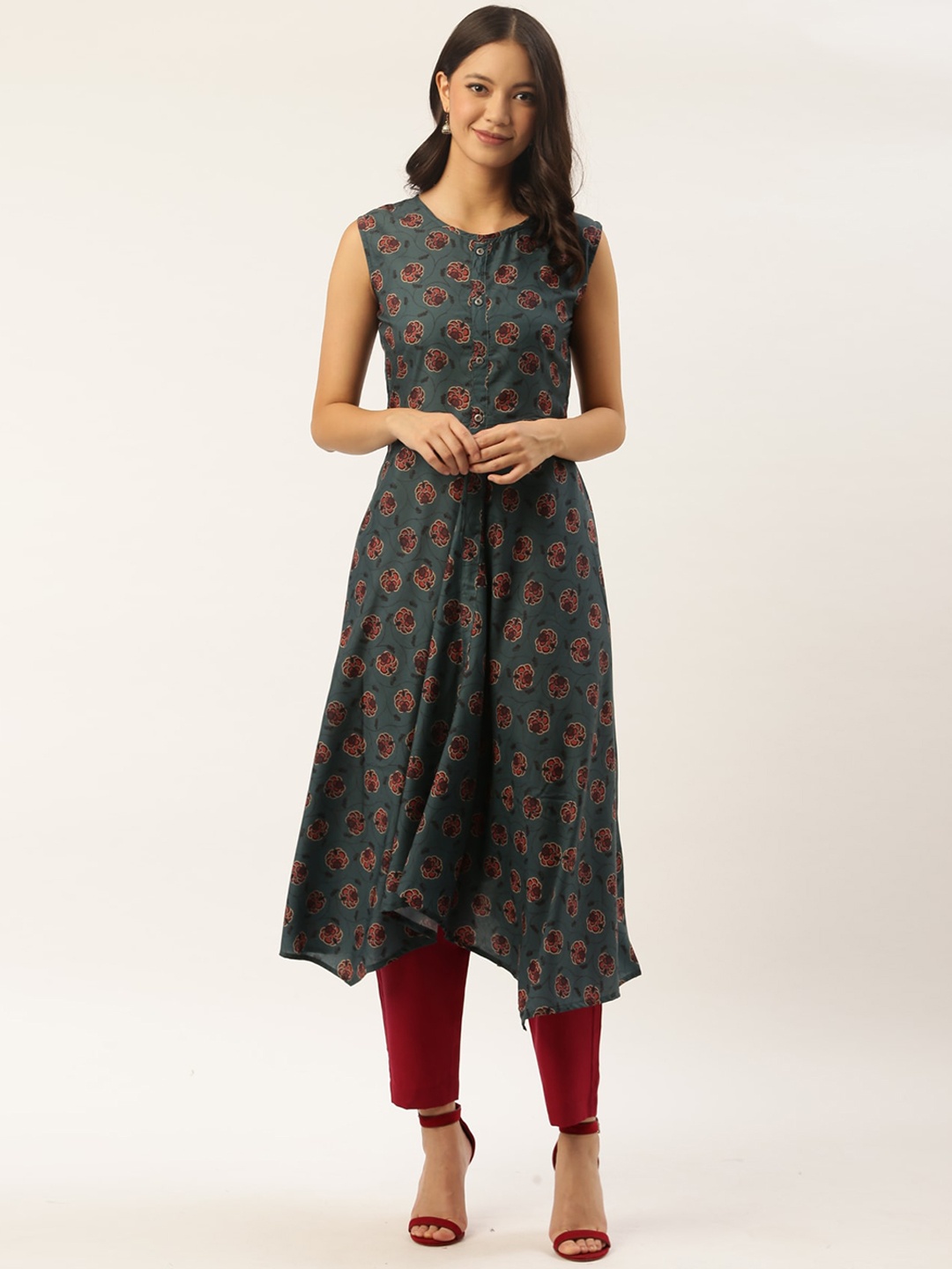 

shiloh Women Green Floral Printed Kurta