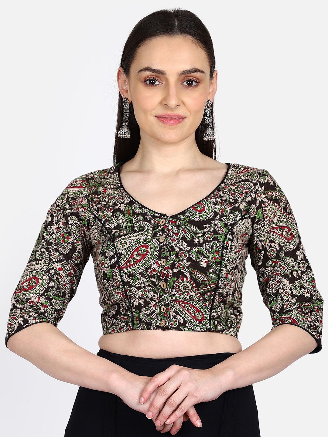 

THE WEAVE TRAVELLER V-Neck Kalamkari Block Printed Readymade Saree Blouse, Black
