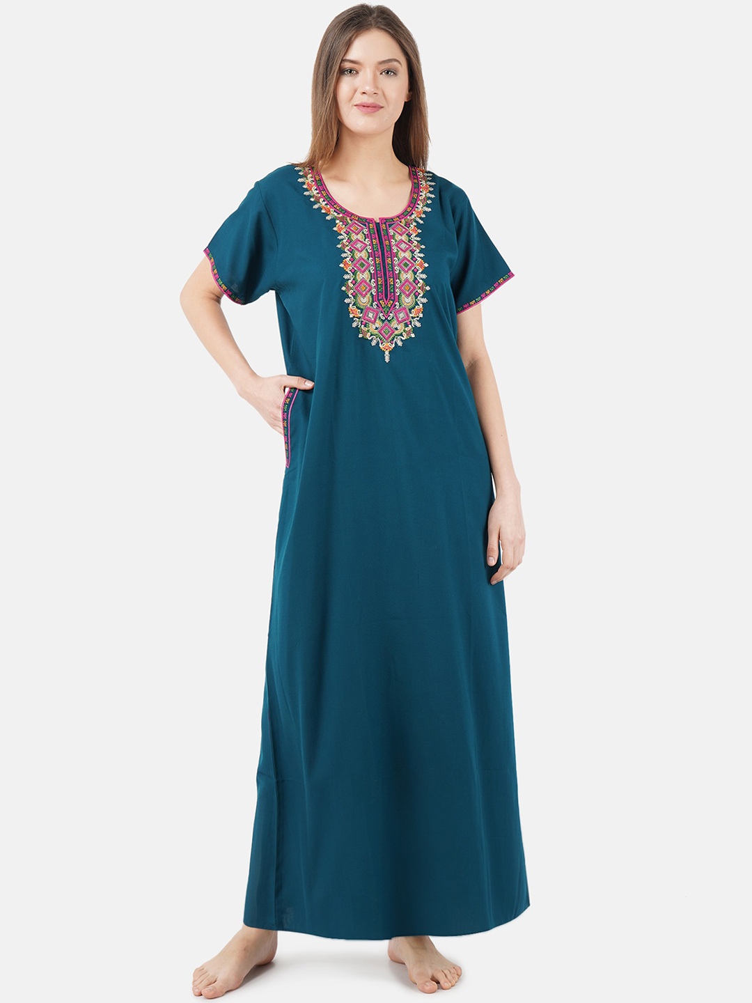 

KOI SLEEPWEAR Woman Teal Blue Embroidered Maxi Cotton Nightdress With Pockets