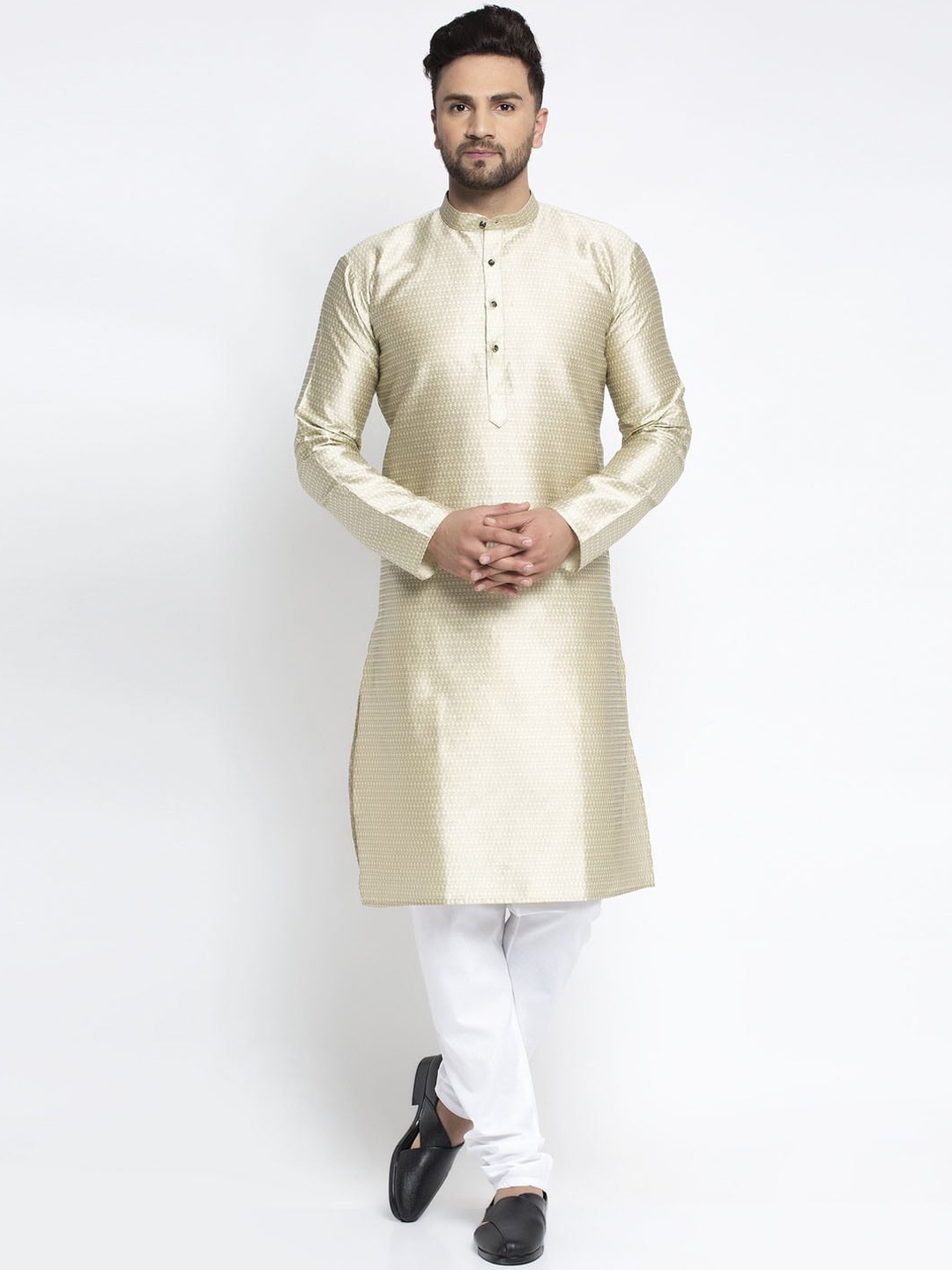 

Jompers Men Beige & White Self Design Kurta with Churidar
