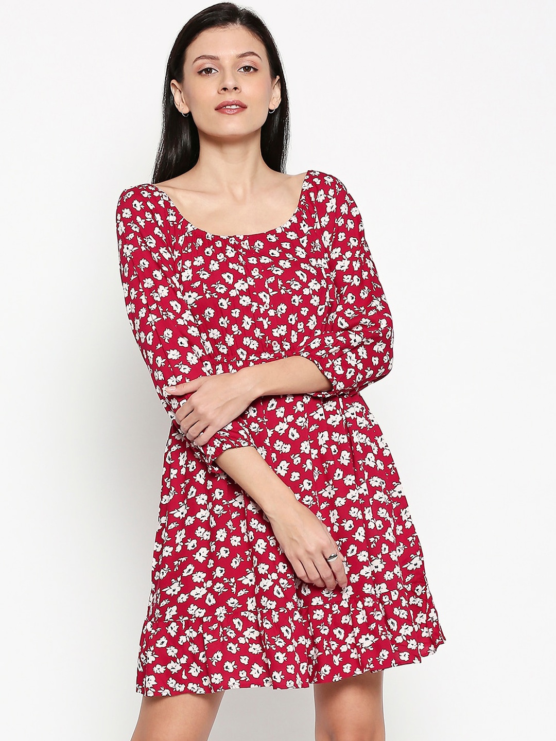 

People Women Pink & White Floral Printed Fit and Flare Dress