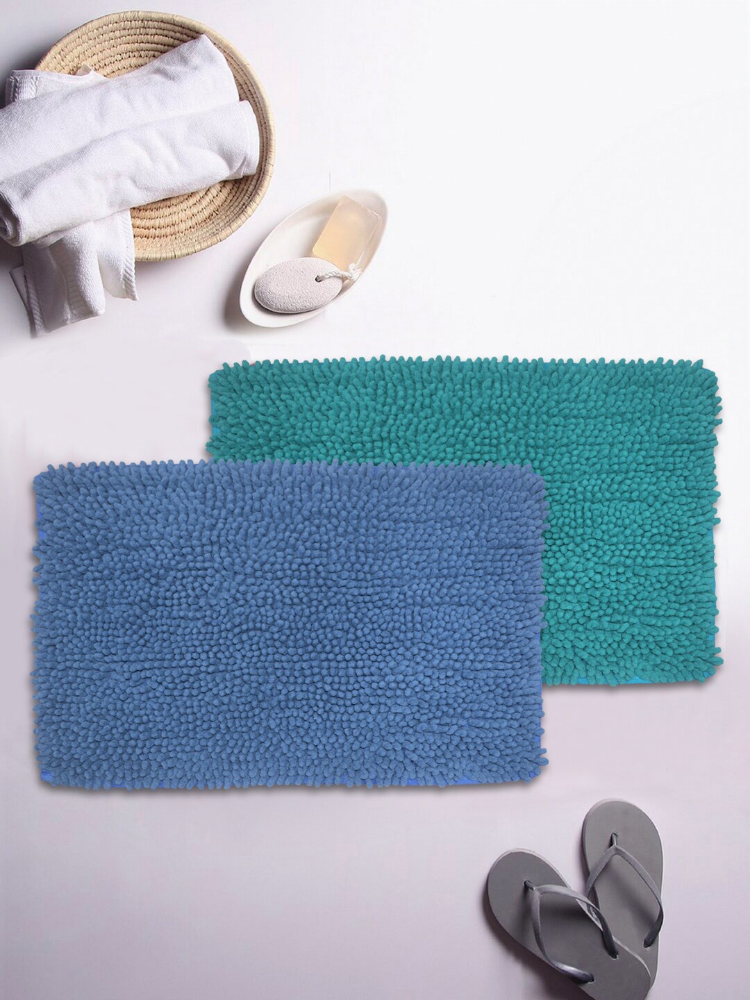 BIANCA Set Of 2 Mushroom Texture Non-Slip Shaggy Bath Rugs, Blue